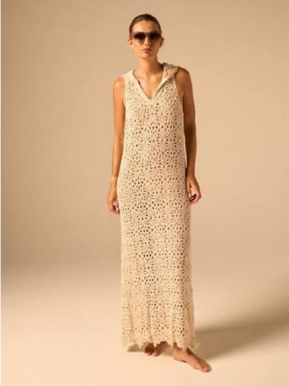 NWT JBQ Lainey Crochet Smock Maxi Dress Oat Large Luxury Resort Boho